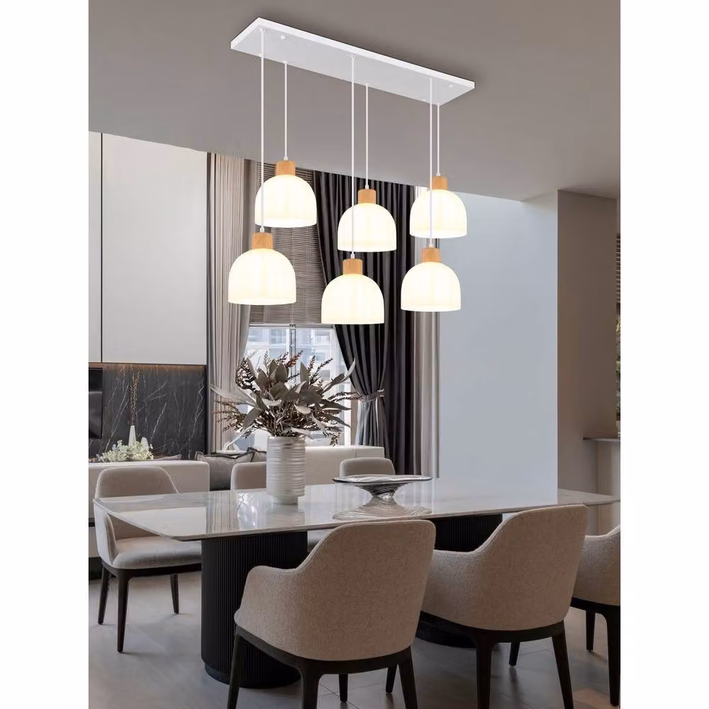 Globo Lighting Pendant Light in White Matt Metal and Brown Wood with Opal Glass, W/D/H: 36 x 36 x 120 cm – 4