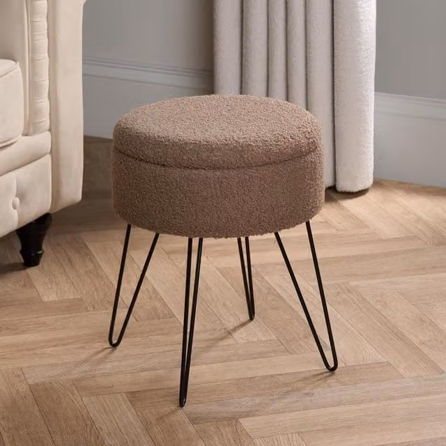 OHS Modern Bouclé Upholstered Hairpin Storage Stool in Brown