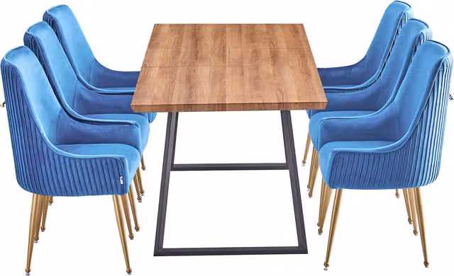 Life Interiors Soho Toga LUX Dining Set with Extendable Rectangular Table and 6 Blue Velvet Upholstered Chairs