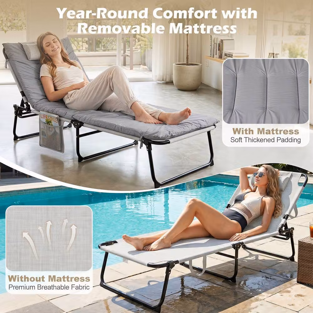 Gymax Folding Sun Lounger with Storage Pocket in Grey – 6