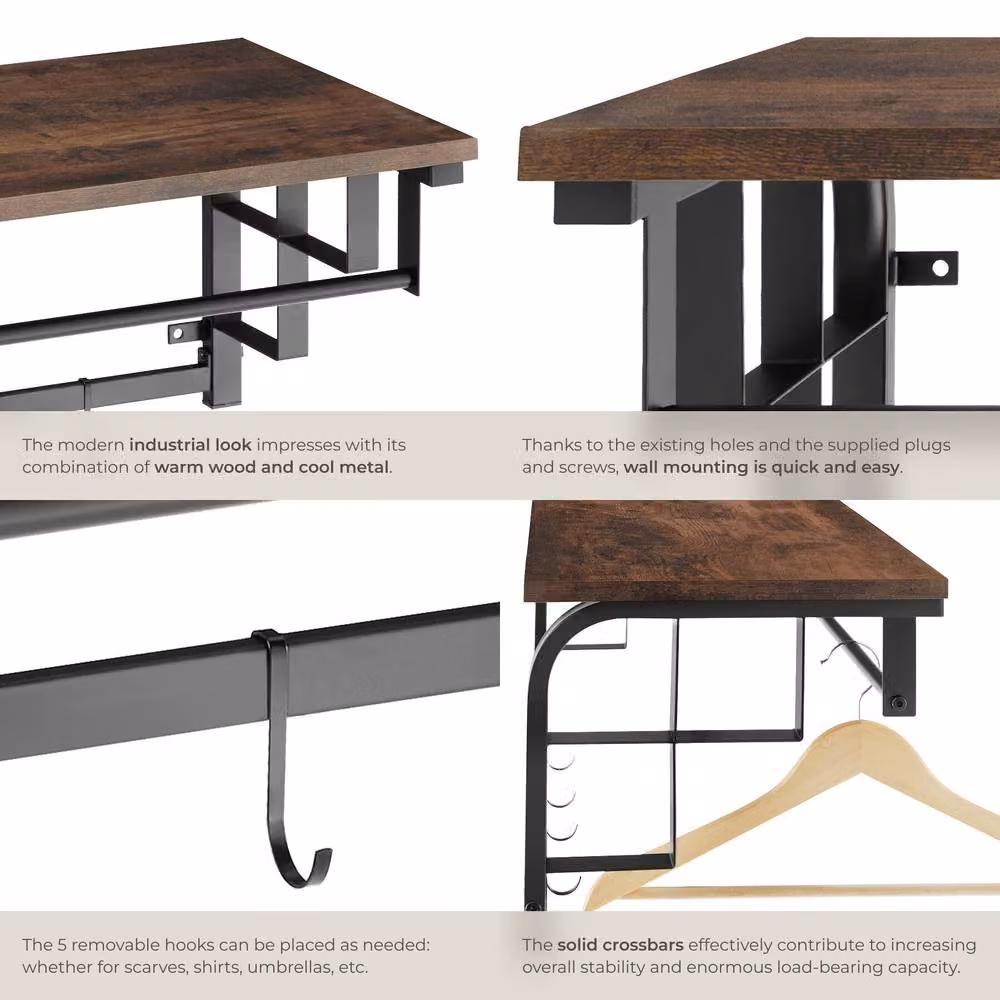 tectake Westwood Industrial Hall Tree with Bench and Dual Hook and Rail Matrix in Dark Brown and Black – 5