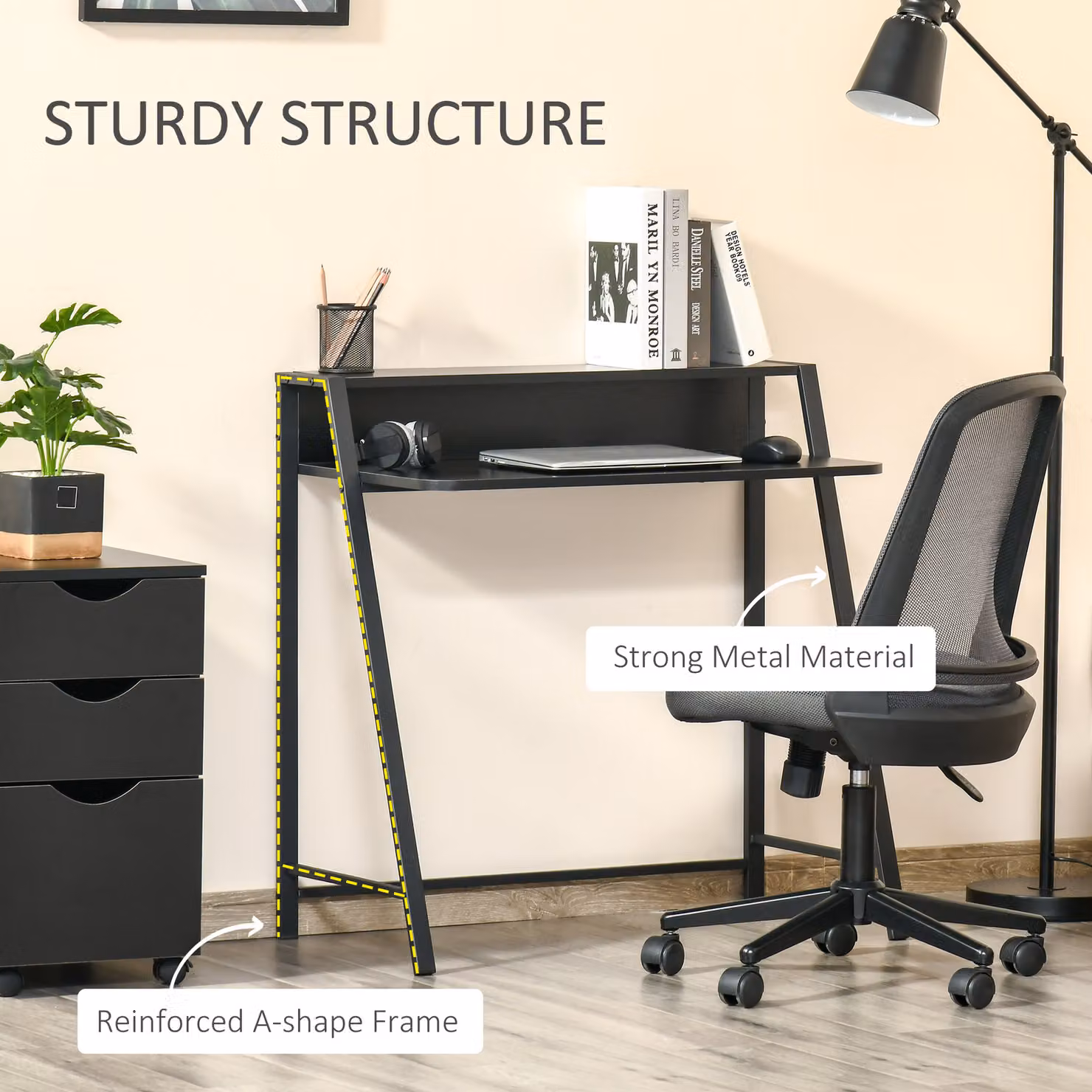 HOMCOM Black Minimalist Computer Desk with Storage Shelf for Home Office – 5