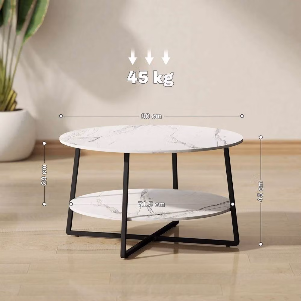 NESTLUNE Round Coffee Table with Marble Effect Top and Storage Shelf, White, W/D/H: 100 x 60 x 45 cm – 2