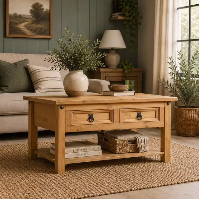 Mews Rectangular Rustic Brown Waxed Pine Wood Living Room Table