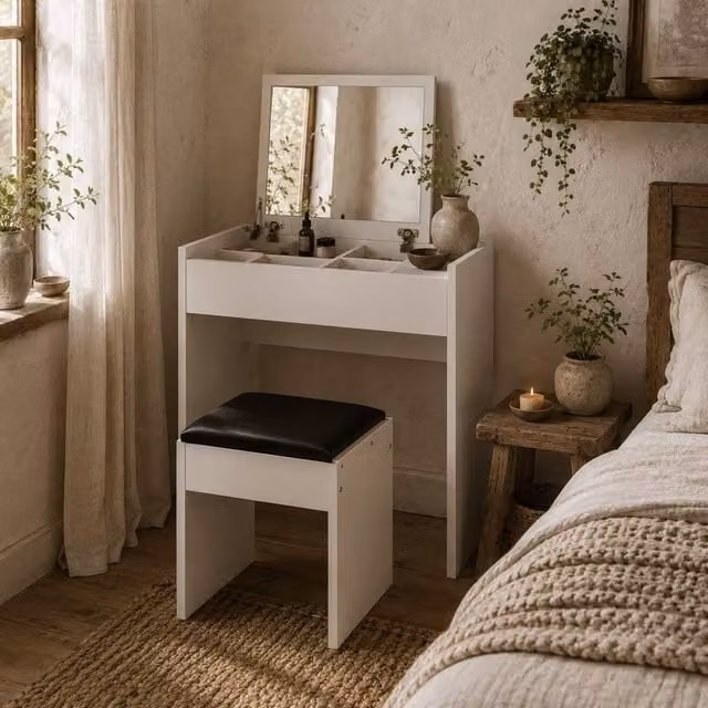 Wyld Haus Nolena White Modern Lift Top Vanity Table with Flip Up Mirror