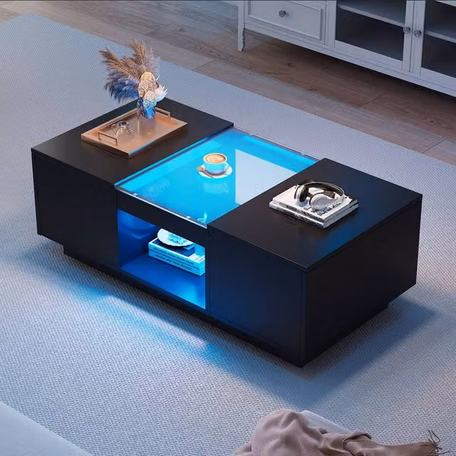 Matteo Modern Black LED Coffee Table with Storage and Drawers, W/D/H: 100 x 50 x 35.5 cm