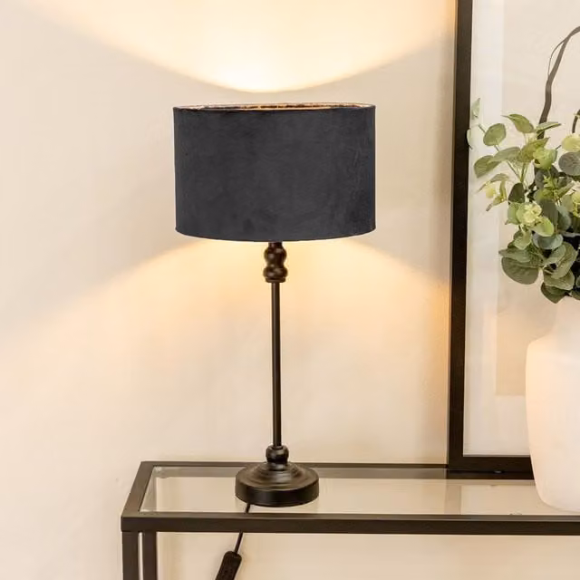 ValueLights Maggie Black Metal Candlestick Table Lamp with Black Velvet Drum Shade and LED Bulb – 1