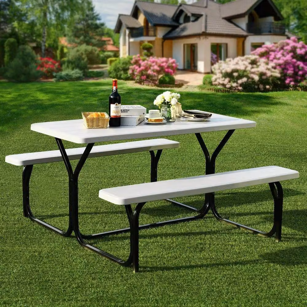 Kelvenix Modern Outdoor Picnic Table and Bench Set in White – 3