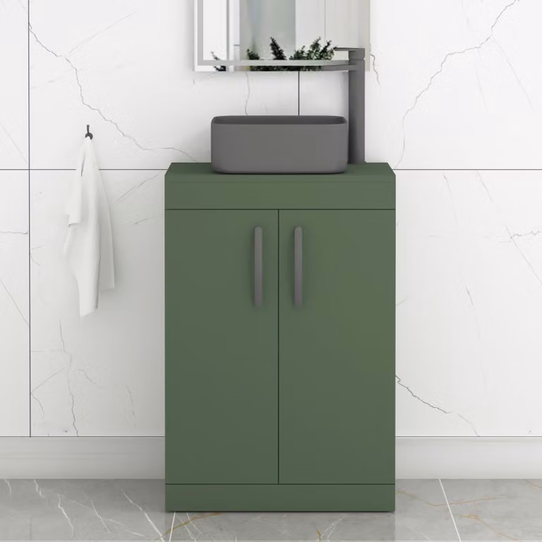 Royal Bathrooms Turin 600mm Floor Standing 2 Door Vanity Unit in Matt Green with Art Square Countertop Basin and Brushed Brass Handle