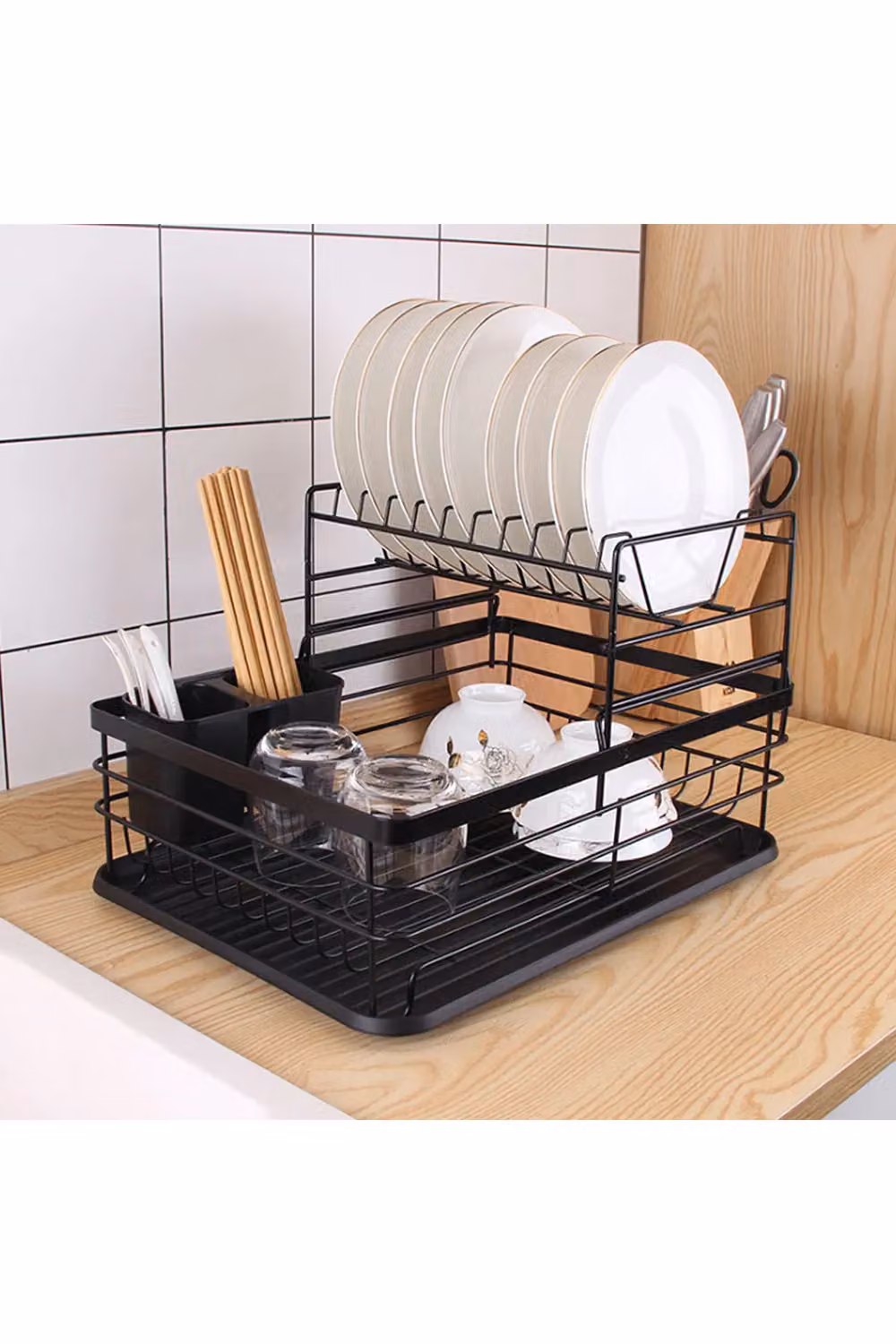Living and Home 2-Tier Metal Dish Drainer Rack with Detachable Drip Tray and Cutlery Holder in Black – 2