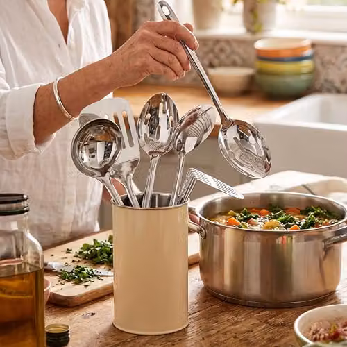 Orsina 5-Piece Cream Enamel Kitchen Utensil Set with Stainless Steel Tools and Holder – 3