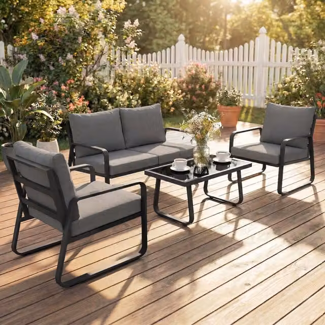 Outsunny 4 Piece Modern Garden Furniture Set with Upholstered Cushions and Outdoor Coffee Table, Black and Grey