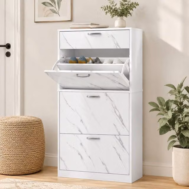 STILVORA Modern White Shoe Storage Cabinet with 3 Tilting Compartments and Top Drawer – 1