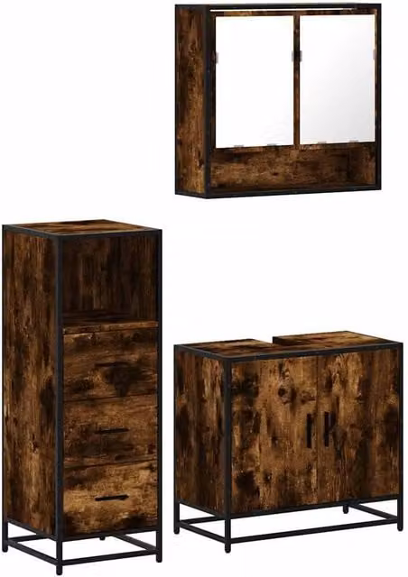 Berkfield Home 3 Piece Industrial Bathroom Furniture Set in Brown Smoked Oak – 1