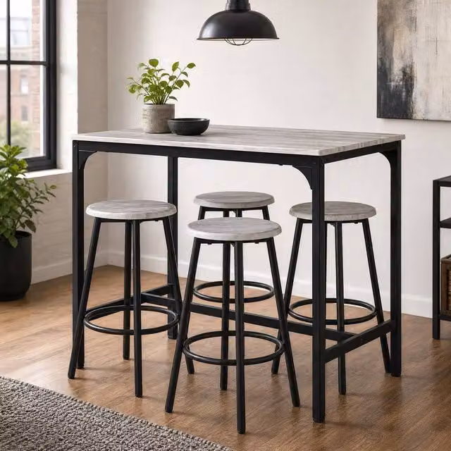 STILVORA Bar Table and 4 Stools Set in Grey and Black with Wood and MDF Structure