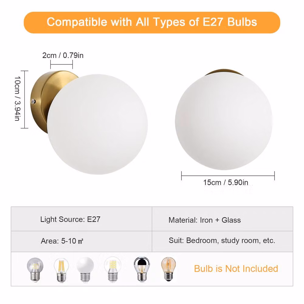 Pheashine Vintage Globe Wall Sconce in Gold with White Opal Glass Shade, E27 Base – 2