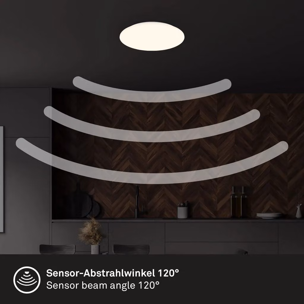 Briloner White LED Ceiling Light with Motion and Dusk Sensor, Warm White, D/H: 35 x 6 cm – 6