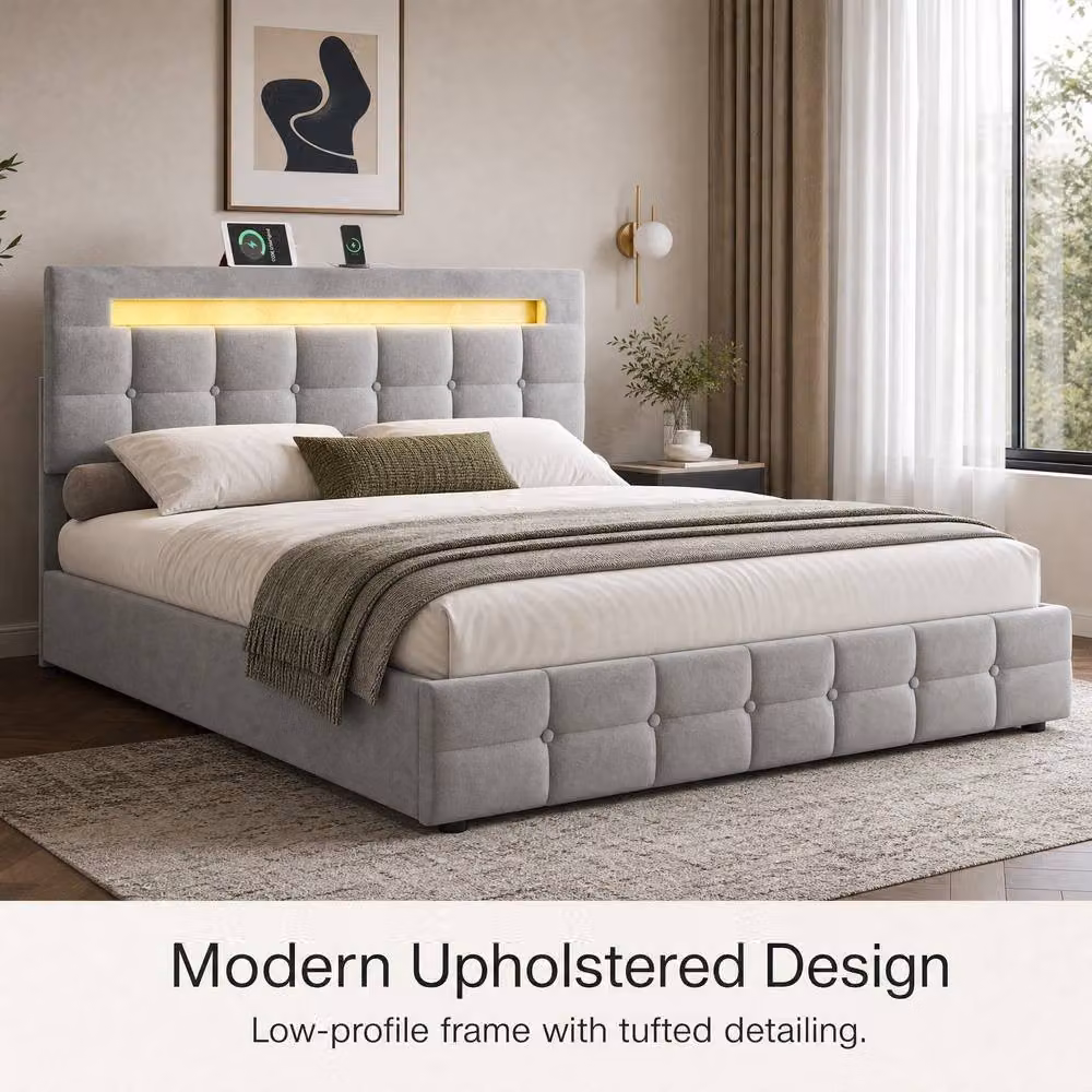 STILVORA Double Ottoman Bed with Under-Bed LED Lighting and USB Charging Ports in Grey Velvet – 2