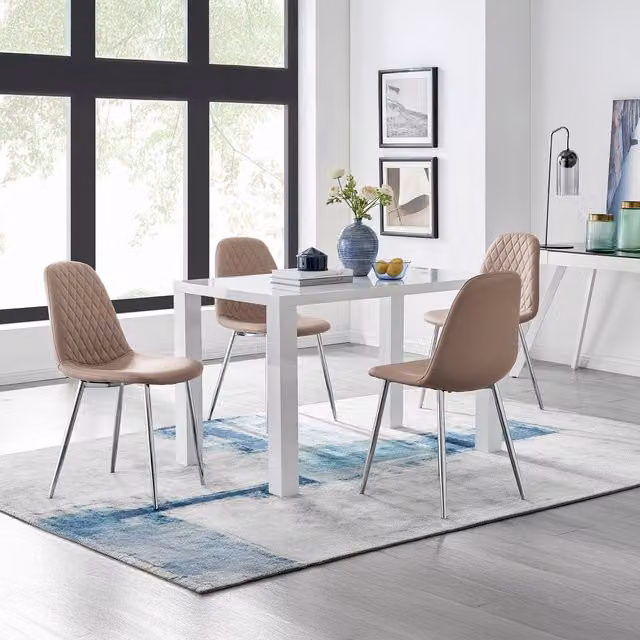 FurnitureboxUK Pivero White High Gloss Rectangular Dining Table and 4 Corona Silver Chairs in Cappuccino