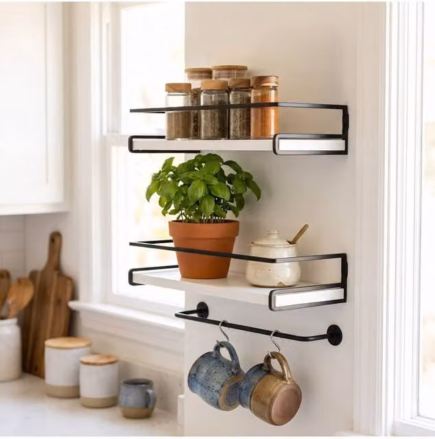 Living and Home Set of 2 White Wall-Mounted Floating Shelves with Adjustable Shelves and Hanging Rod