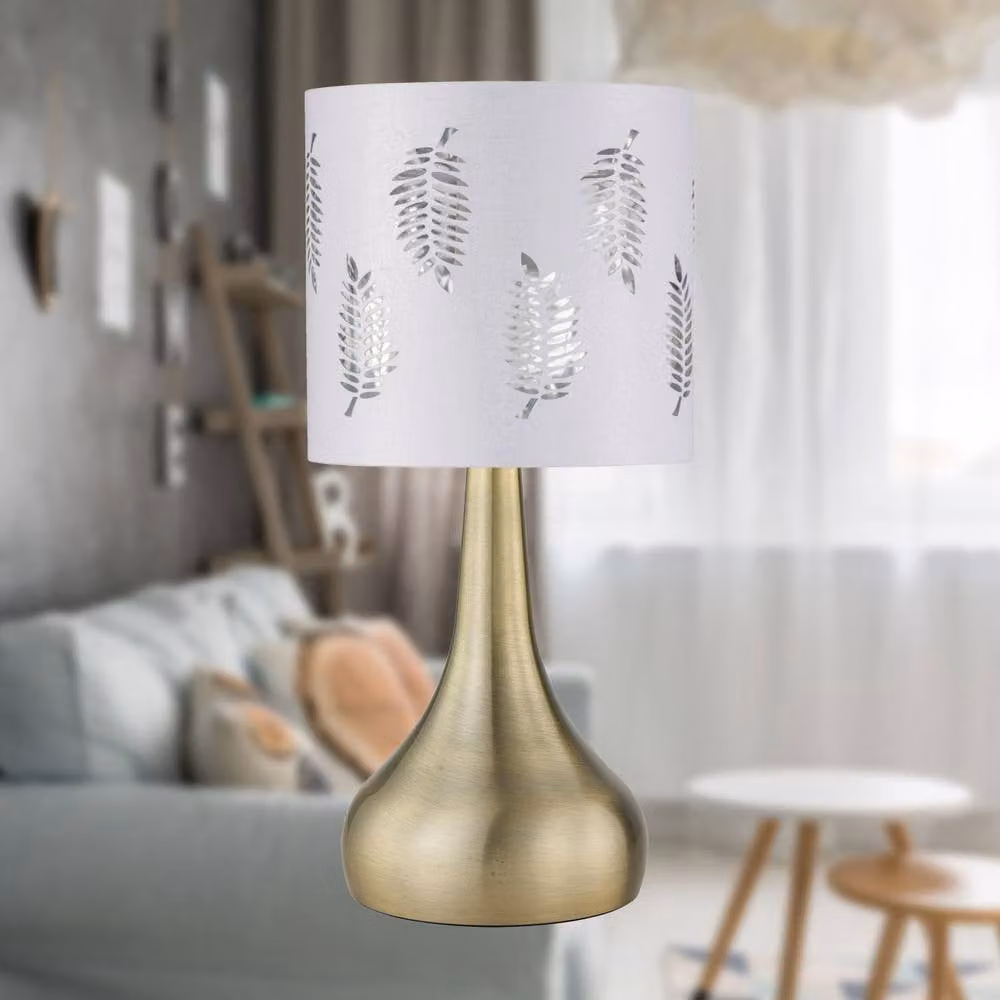 First Choice Lighting Romana Antique Brass Touch Table Lamp with White Fabric Fern Shade in Bronze – 2
