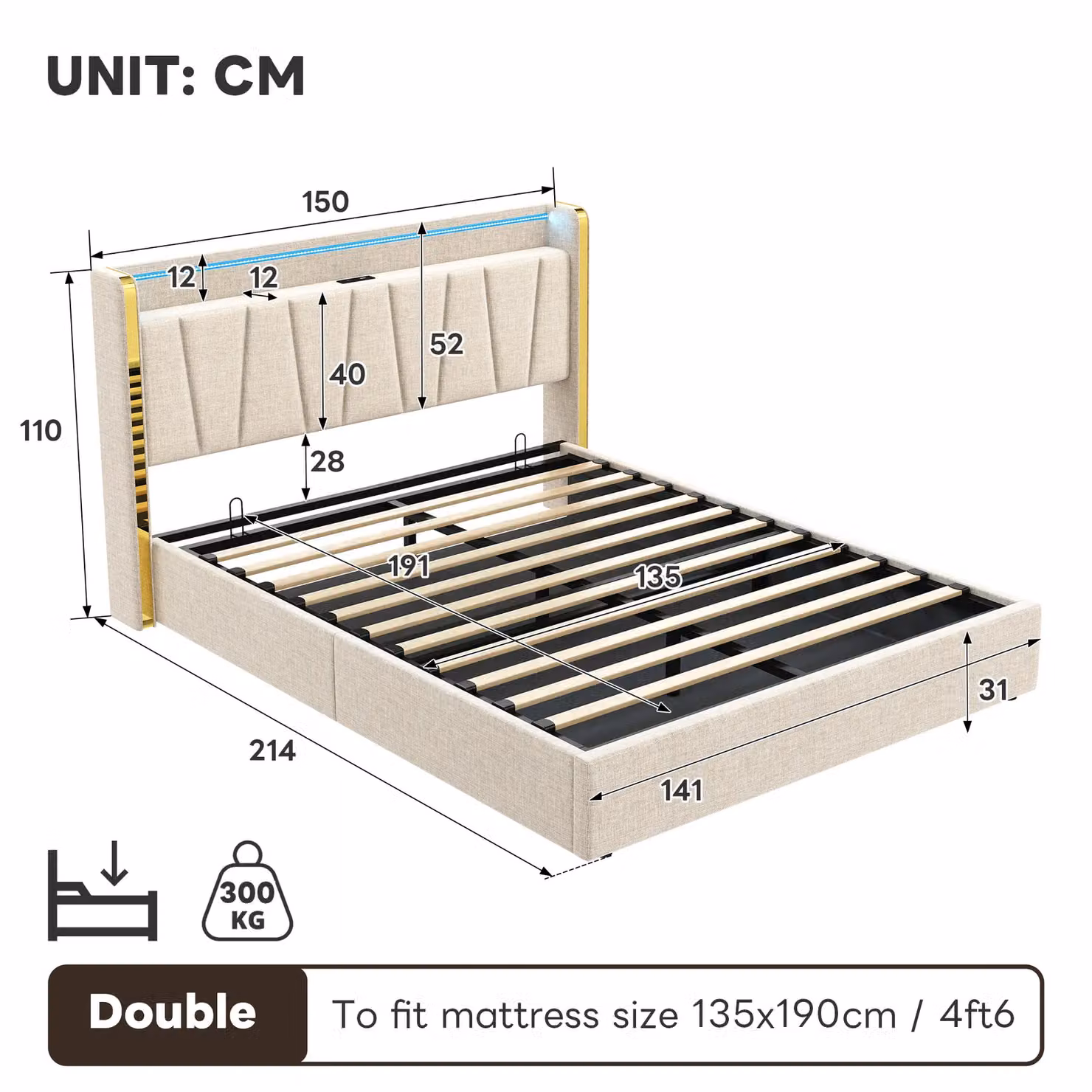 Matteo Double Upholstered Bed Frame with Hydraulic Storage, LED Headboard and USB-C Charging in Beige Linen – 6