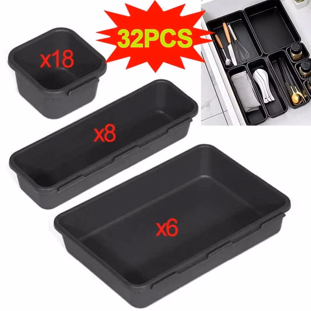 VOGREX 32-Piece Interlocking Stackable Drawer Storage Divider Trays, Black – 3