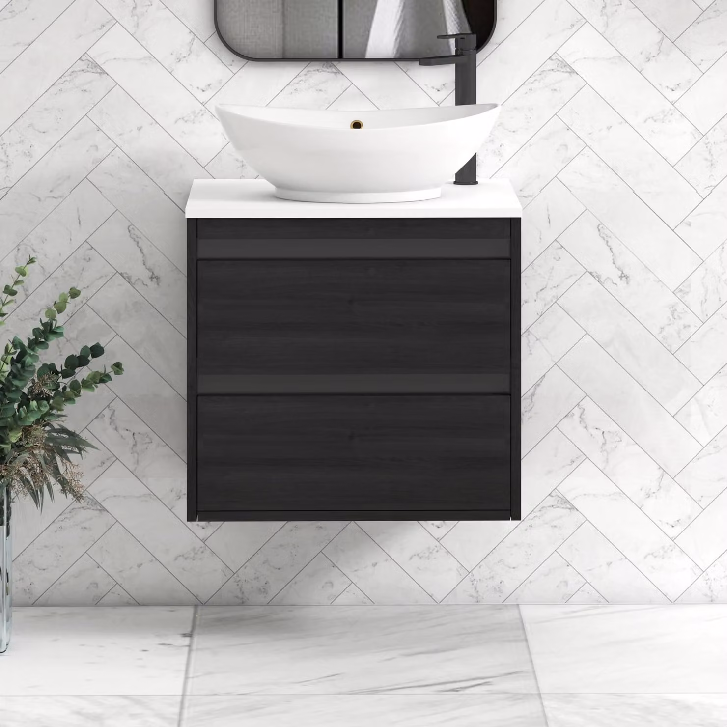 Royal Bathrooms Orion 600mm Hale Wall Hung Vanity Unit with Amaze Basin and 2 Drawers in Plain White and Black Accent Trim