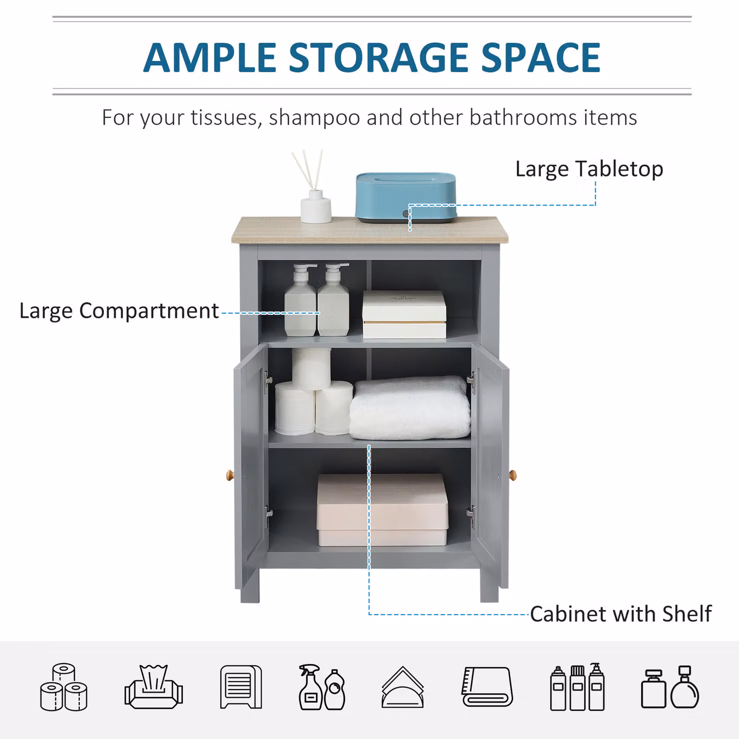 kleankin Grey Vintage Bathroom Floor Storage Cabinet with Double Hinged Doors and Adjustable Internal Shelf – 4