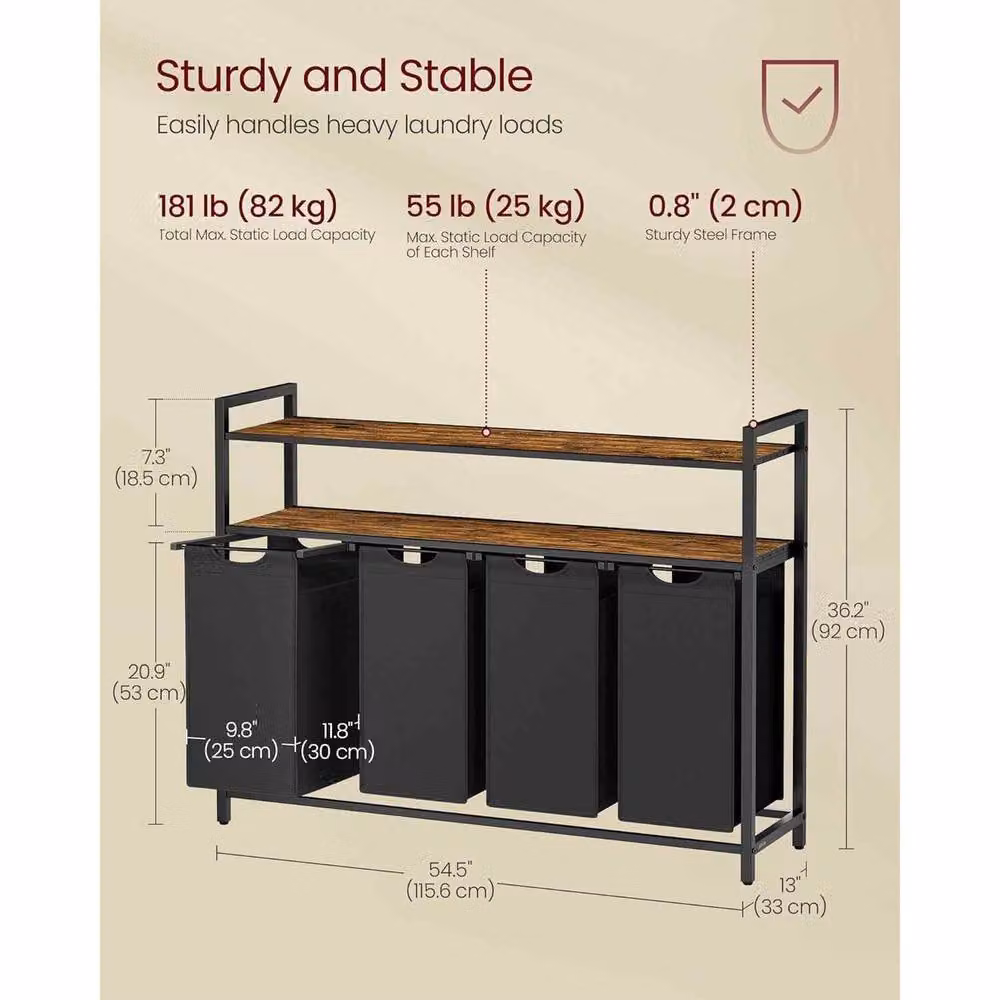 The Bazaarist 4 Compartment Laundry Hamper with Removable Pull Out Bags, Brown and Black – 3