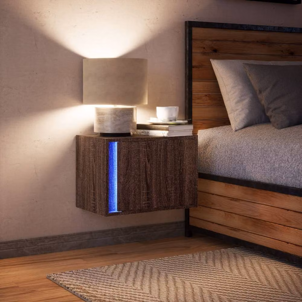 Berkfield Home Wall-mounted Bedside Cabinet with Integrated LED Lights in Brown Oak – 5