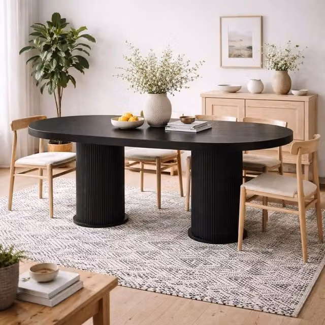 Wyld Haus Kanturk Black Dining Table with Ribbed Wood Veneer Pedestal, W: 220 cm, D: 100 cm, H: 76 cm – 1