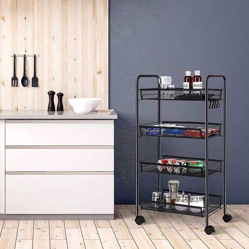 SPETLEK 4 Tier Metal Rolling Storage Trolley in Matt Black, W/D/H: 50 x 26 x 84 cm – 4