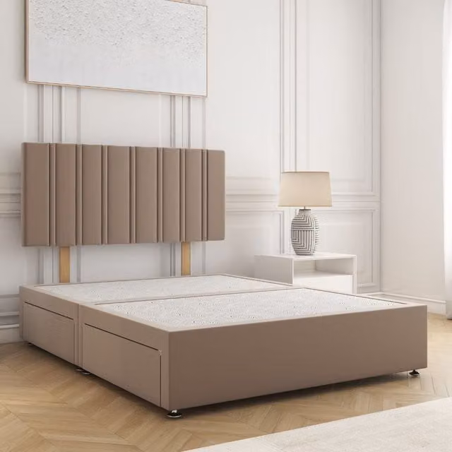 BSSPOKE Sienna King Size Divan Bed with 24 inch Plush Headboard and 2 Same Side Drawers in Bronze Velvet Fabric, W/D/H: 180 x 200 cm