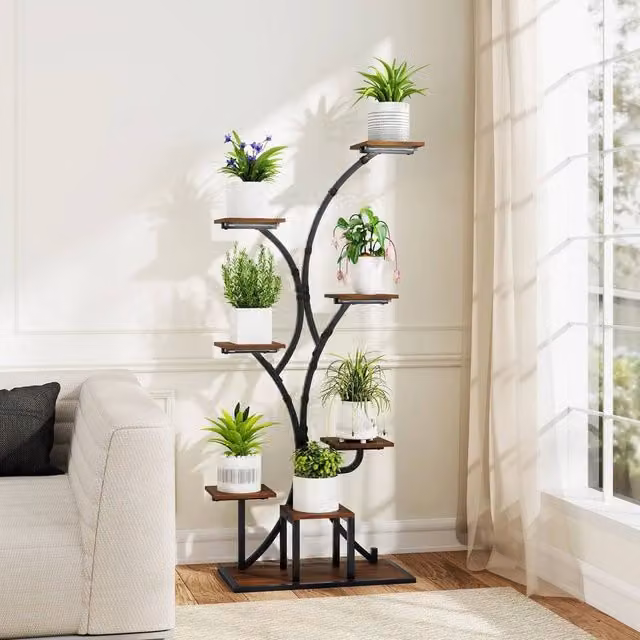 SPETLEK Decorative Curved Flower Display Rack Plant Stand with Integrated Grow Lights in Brown Metal