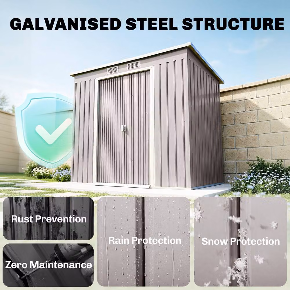 Rolipo Grey Galvanised Steel Garden Shed with Foundation Kit and Double Doors – 4