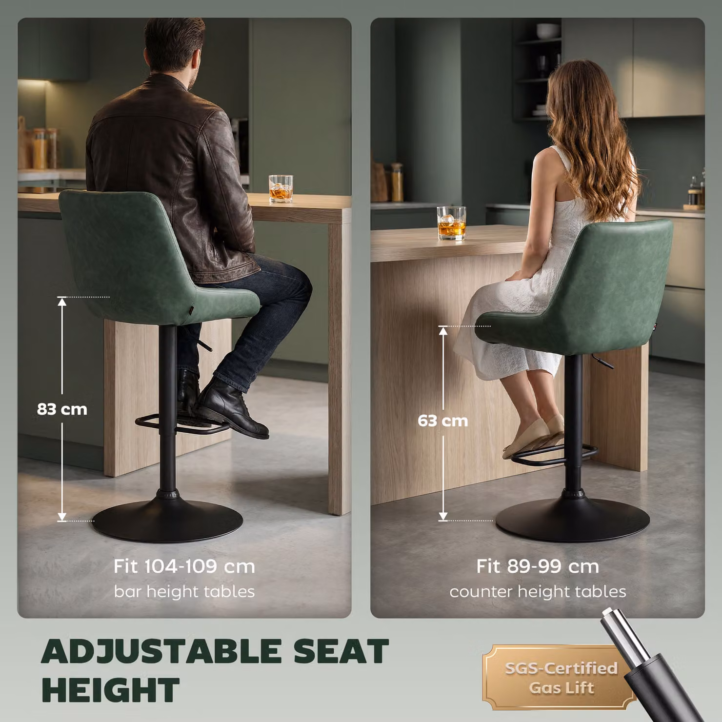 HOMCOM Set of 2 Retro Green Synthetic Leather Bar Stools with Swivel Seat and Metal Base – 4