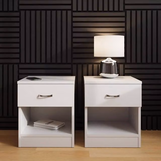 FORGEVIO Set of 2 Matt White Bedside Tables with Deep Drawers and Chrome Metal Accents – 1