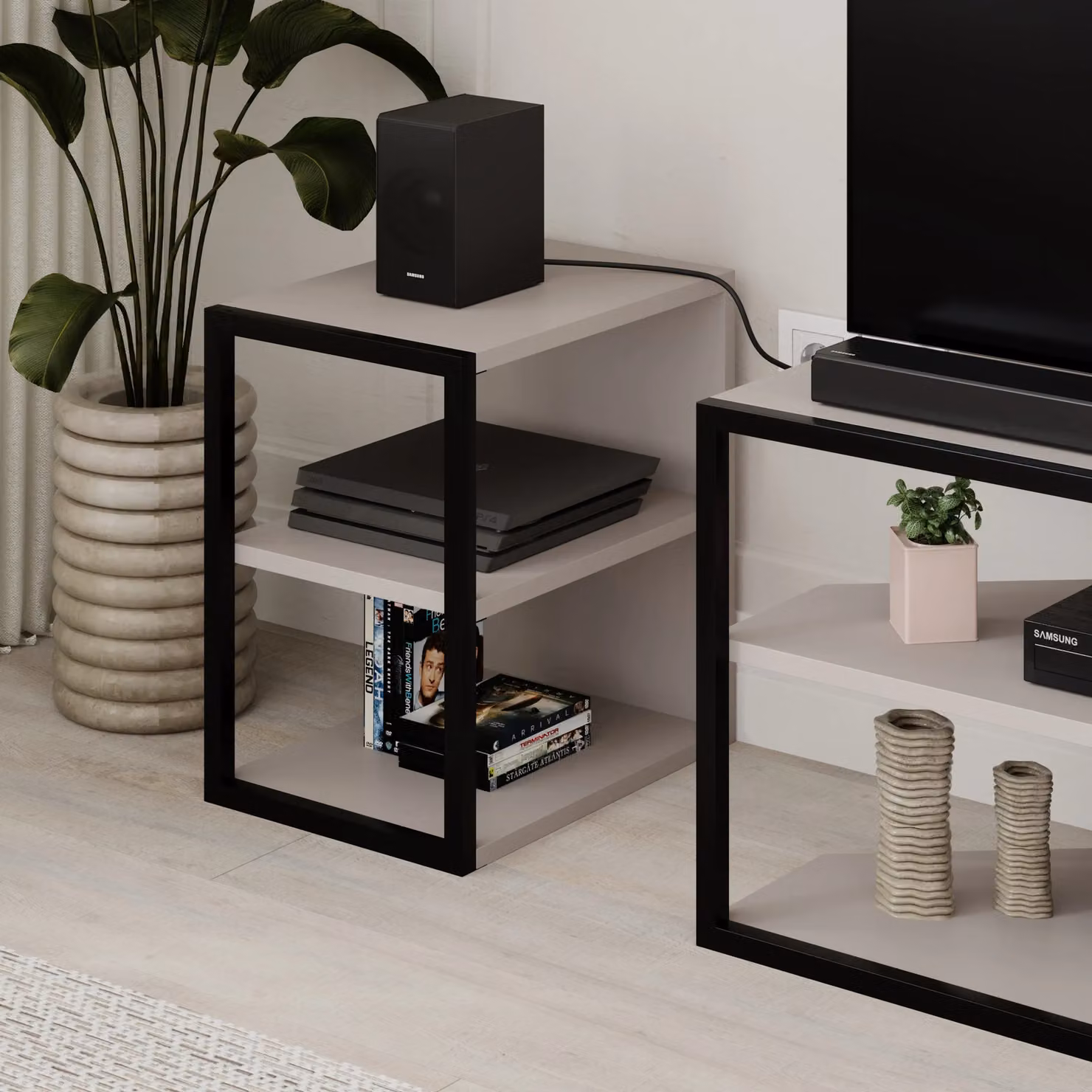 Decortie Echo Modern TV Unit and Side Unit Set with Metal Frame and Open Shelves in Grey – 4