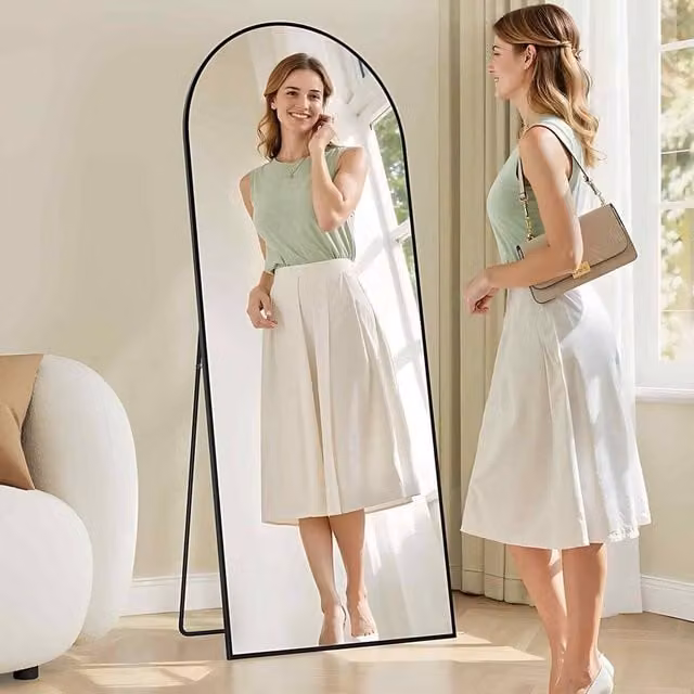 The Bazaarist Curved Full Length Standing Mirror with Black Aluminum Frame – 1