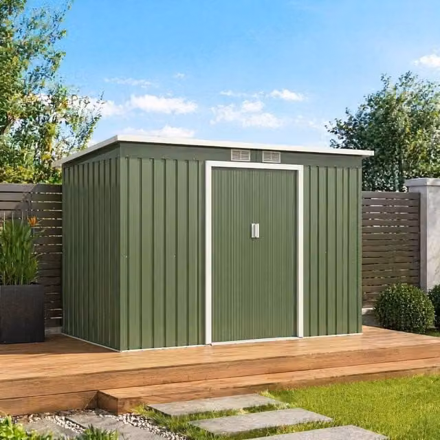 STILVORA Modern Pent Garden Shed in Green with Double Sliding Doors, Side Ventilation and Galvanised Steel Construction, W/D/H: 158.0 x 116.0 x 1.0 cm