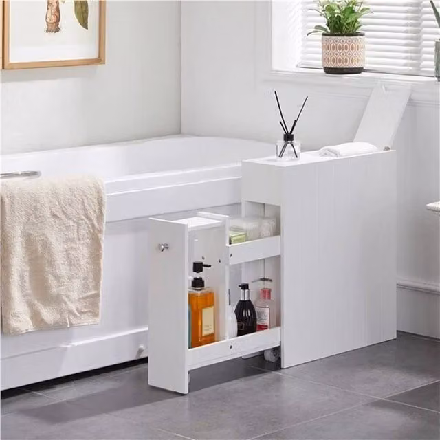 EONLION Slim Freestanding White Lacquered Bathroom and Kitchen Organizer with Hinged Doors and Internal Shelves – 1