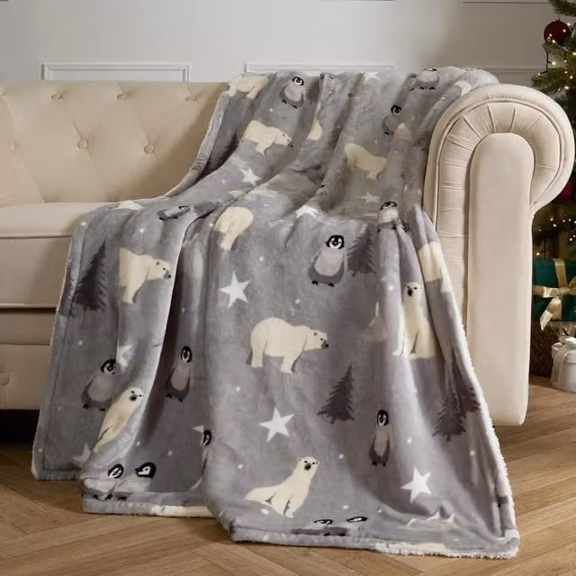 OHS Arctic Flannel Sherpa Fleece Throw in Grey