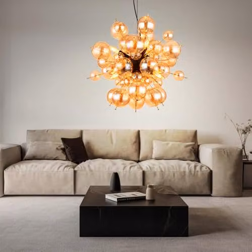 Globo Lighting Udo Globe Pendant Light with Amber Glass Spheres in Black and Gold/Brass, Diameter: 55 cm – 3
