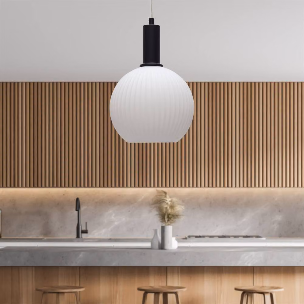 First Choice Lighting Betchley Art Deco Pendant Fitting with White Ribbed Glass Sphere and Black Metal Details – 2