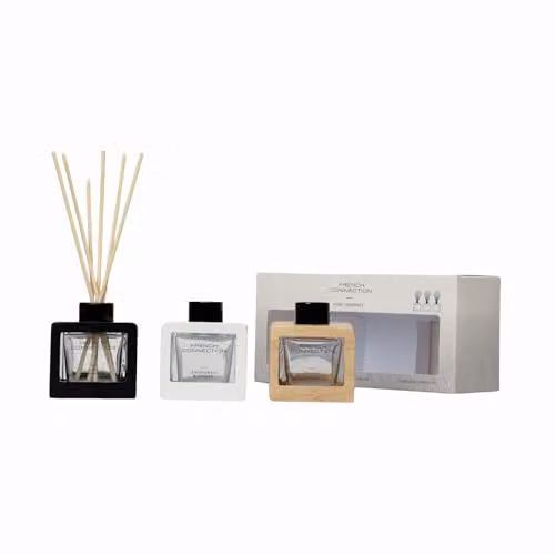 French Connection Wooden Surround Trio Reed Diffuser Gift Set in Black and White with Lemongrass & Ginger, Orange & Ginger and Luminous Serenity Scents