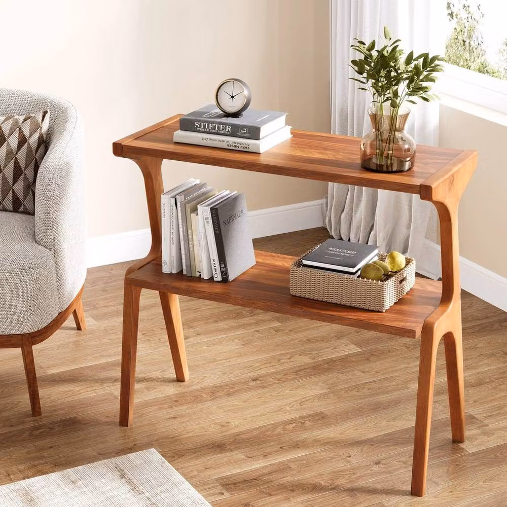 VOGREX Modern 2-Tier Solid Rubberwood End Table in Brown, W: 30.0 cm, D: 30.0 cm, H: 67.0 cm – 4