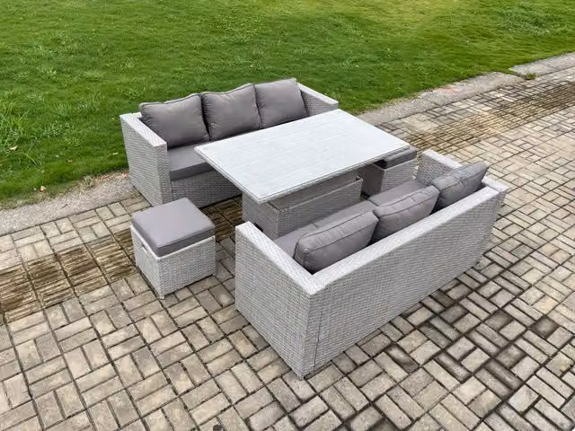 Fimous Rattan Garden Furniture Set with Height Adjustable Lifting Table, Sofa, Dining Set and 2 Small Footstools in Light Grey