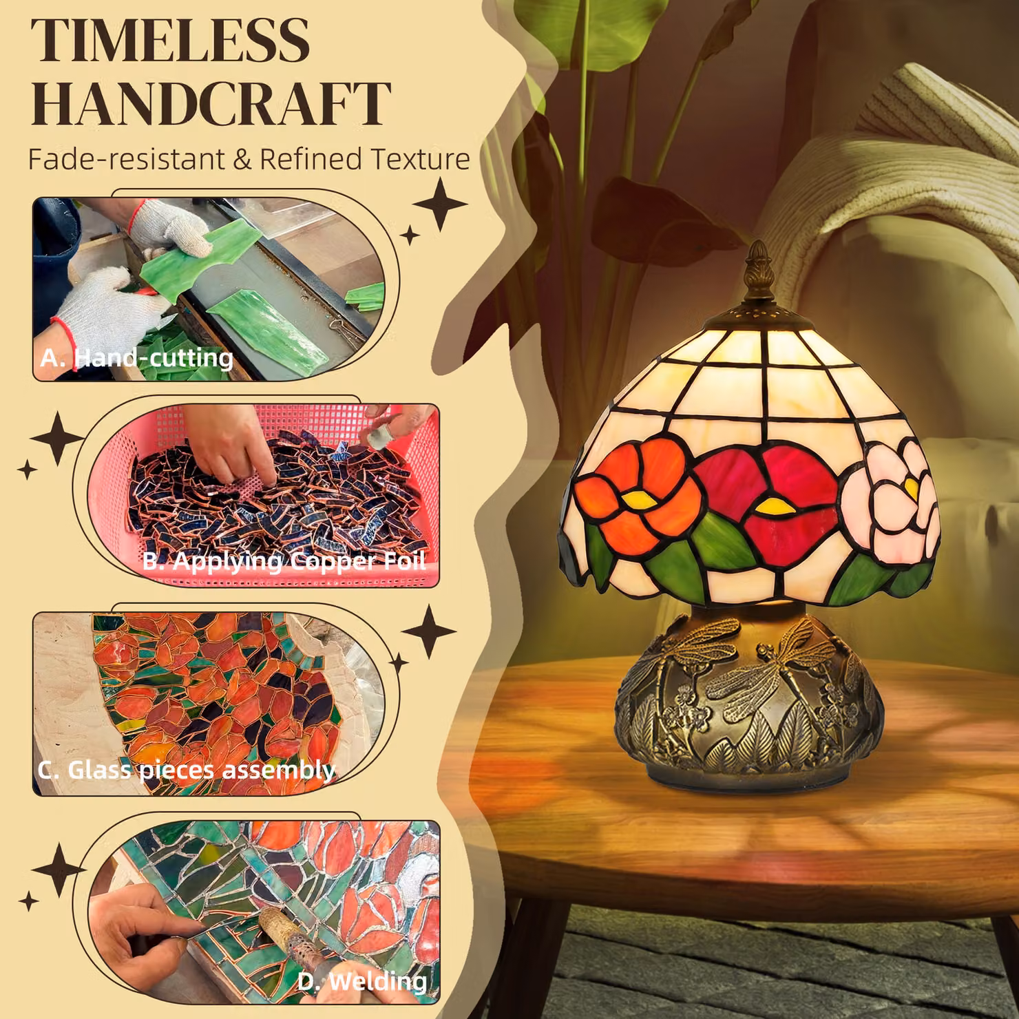 HOMCOM Tiffany-Style Stained Glass Table Lamp with Dragonfly Base, Multi-Coloured and Bronze – 5