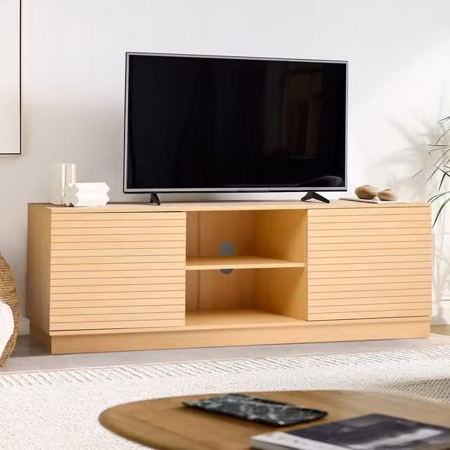 Livingandhome Large Slatted Wooden TV Stand in Brown and Beige Vintage Style